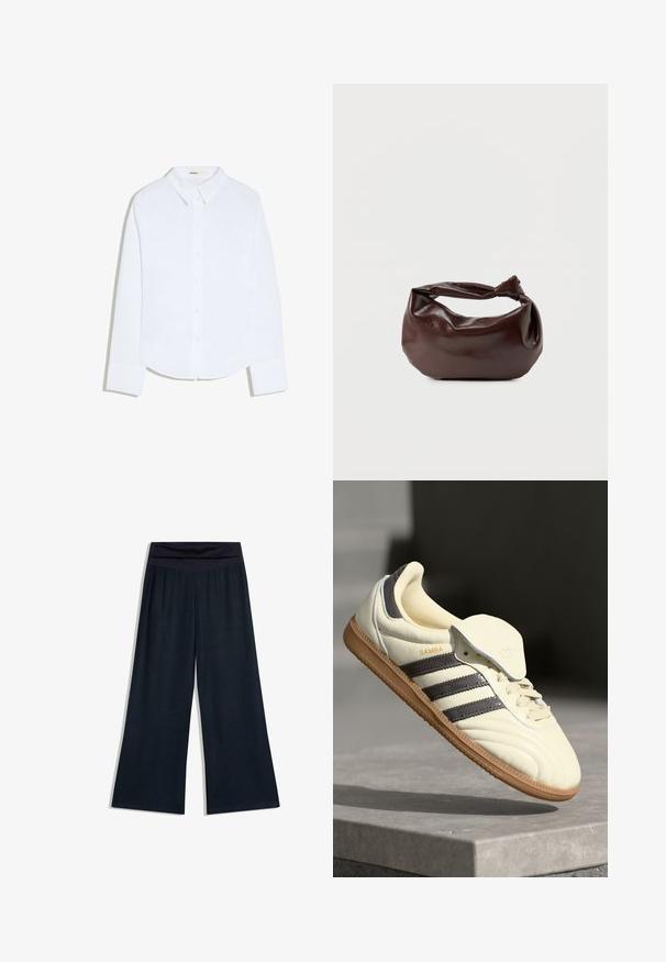 Chemise blanche à manches longues avec boutons, col et poignets, ourlet légèrement arrondi, présentée sur un fond blanc uni.; Pantalon noir à jambes larges avec une taille haute repliée, posé à plat sur un fond blanc.; Baskets en cuir crème avec trois bandes sombres, une semelle extérieure en gomme marron et un bout arrondi. Présentent une languette pliable étiquetée "SAMBA."; Sac bandoulière en cuir marron foncé avec une forme souple et décontractée et une anse nouée torsadée sur un fond blanc uni.