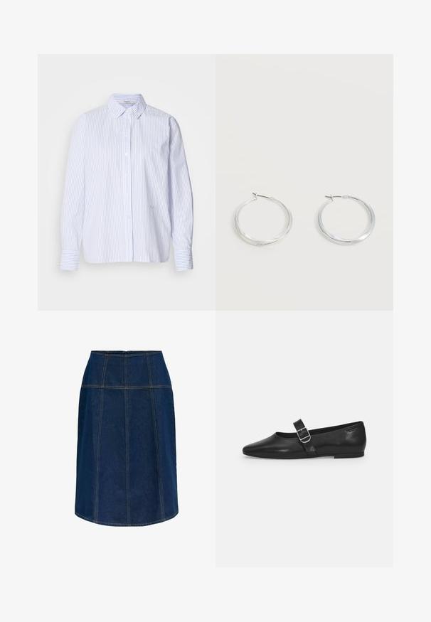 Chemise à rayures bleu clair et blanche à manches longues avec un col boutonné, présentant une coupe décontractée et une texture de tissu lisse.; Jupe en jean bleu foncé longueur genou avec des détails de coutures verticales et horizontales, avec des surpiqûres contrastantes orange et une silhouette en A.; Chaussure plate en cuir noir avec un bout arrondi, une seule sangle réglable à boucle et une texture lisse et brillante. Design minimaliste avec un petit talon.; Boucles d’oreilles créoles en métal argenté avec une surface lisse légèrement incurvée et des fermoirs à clapet sur un fond blanc uni.
