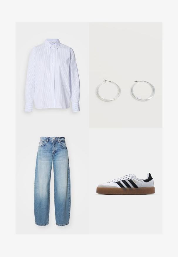 Camisa de mangas largas a rayas azul claro y blanca con cuello abotonado, que presenta un corte relajado y una textura de tela suave.; Jeans de pierna ancha en color azul claro con un acabado desgastado, cinco bolsillos y cierre de botón. La tela es denim, con costuras clásicas y un corte relajado.; Zapatillas de cuero blancas con rayas negras, suela de goma, puntera redonda, cierre de cordones y caperuza de ante gris suave.; Pendientes de aro de metal plateado con superficie lisa y ligeramente curvada y cierre de tipo mosquetón sobre un fondo blanco liso.