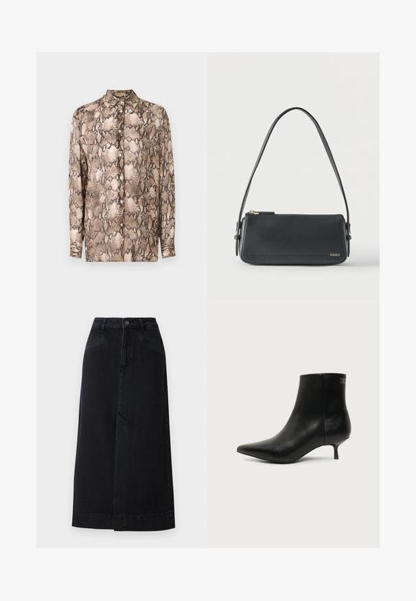 Camisa de manga larga con un patrón de serpiente en tonos beige y marrón oscuro, confeccionada en una tela ligera, con cuello tipo polo y cierre de botones.; Falda midi de mezclilla negra con forma recta, cierre de botones en la parte delantera y bolsillos laterales con sutiles detalles de costura.; Botín de piel negra con puntera puntiaguda y tacón bajo estilo kitten sobre fondo claro, mostrando vista lateral exterior.; Bolso de hombro rectangular de cuero negro con cremallera dorada y pequeño logo dorado "HUGO" en el frente, con una correa ajustable con hebilla.