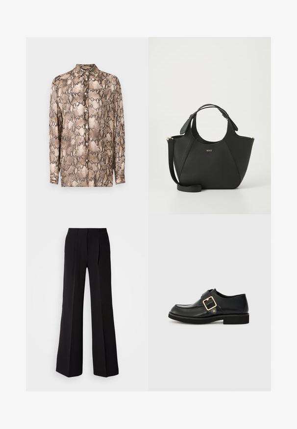 Camisa de manga larga con un patrón de serpiente en tonos beige y marrón oscuro, confeccionada en una tela ligera, con cuello tipo polo y cierre de botones.; Pantalones negros de tejido suave, con cintura alta, silueta de pierna ancha y dos pliegues frontales para añadir detalle de diseño.; Zapato de cuero negro con punta redonda, que cuenta con una hebilla dorada y una suela de goma plana. Textura suave con detalles de costura sutil.; Bolso de mano de piel negra con superficie texturizada, diseño curvado, asas dobles y una correa desmontable. Presenta un logotipo de la marca en la parte frontal.