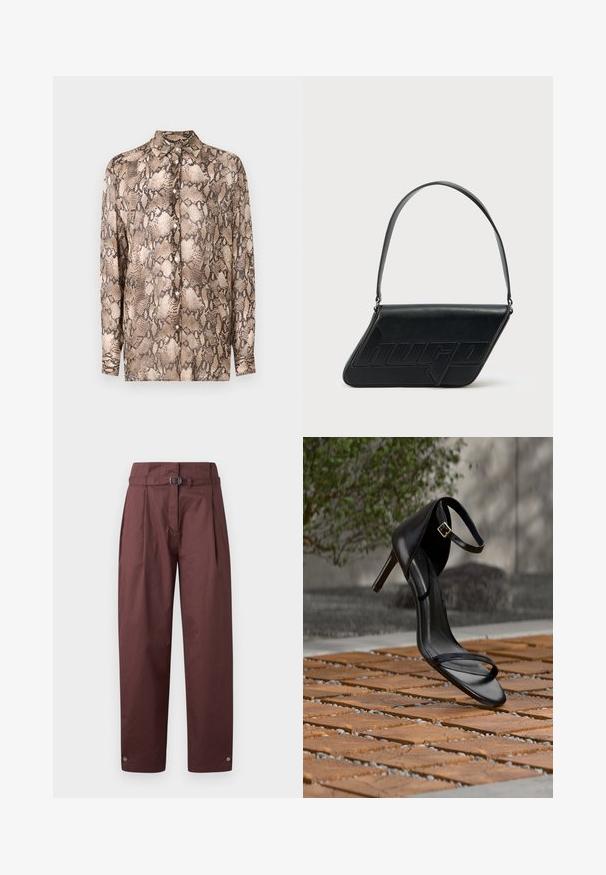Camisa de manga larga con un patrón de serpiente en tonos beige y marrón oscuro, confeccionada en una tela ligera, con cuello tipo polo y cierre de botones.; Pantalones de pierna ancha color burdeos hechos de algodón, con un cinturón en la cintura, frente plisado y snaps en los puños del tobillo. Textura suave, diseño minimalista.; Sandalia negra de tacón alto con correa en el tobillo, parece suspendida sobre un suelo de baldosas de madera al aire libre, con un fondo difuminado de vegetación y piedra.; Bolso de hombro de cuero negro con forma triangular, logo en relieve y una sola correa ajustable. Diseño minimalista con textura suave.