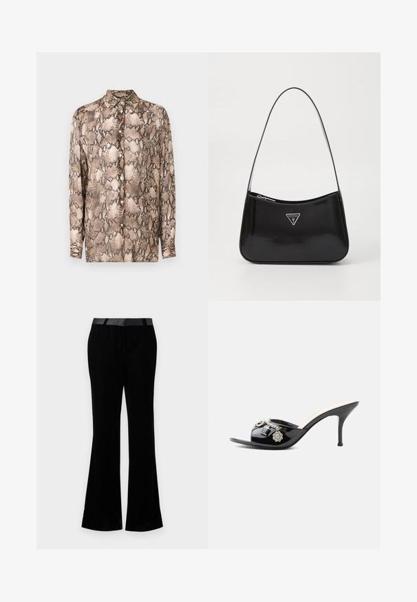 Camisa de manga larga con un patrón de serpiente en tonos beige y marrón oscuro, confeccionada en una tela ligera, con cuello tipo polo y cierre de botones.; Pantalones acampanados negros de tela suave. Presentan una cinturilla plana con un acabado brillante. Diseño ajustado con dos bolsillos frontales.; Mule de charol negro de tacón alto con punta abierta y adornos decorativos plateados, incluyendo una flor y un candado en la tira delantera.; Bolso de hombro de charol negro con forma curva, que presenta un logotipo triangular plateado y un cierre de cremallera. Textura suave y correa delgada.
