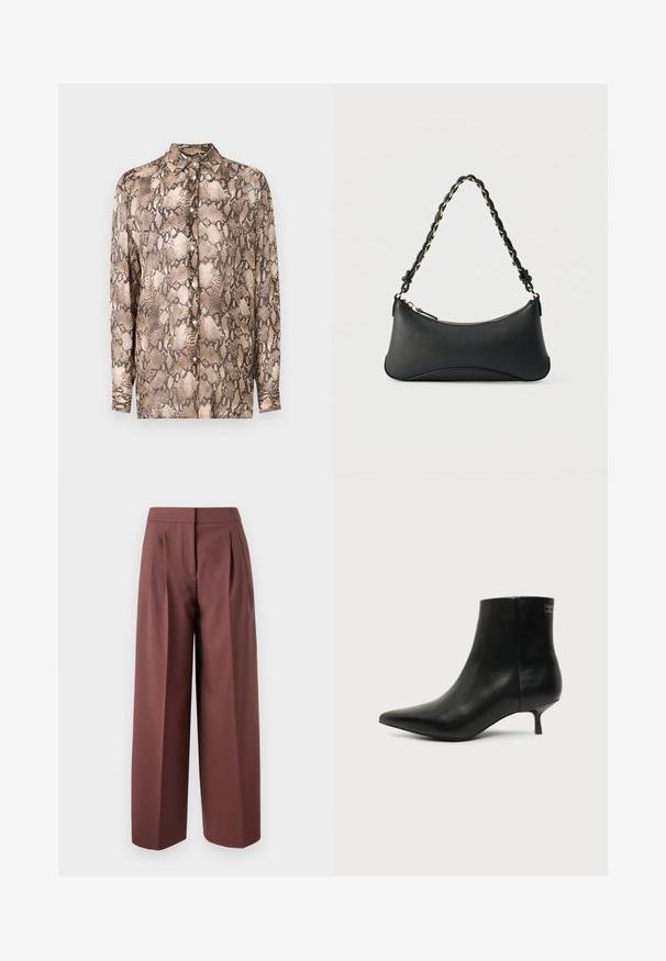 Chemise à manches longues présentant un motif imprimé serpent beige et marron foncé, fabriquée en tissu léger avec un col et une fermeture à boutons.; Pantalons larges marron à taille haute, dotés de plis à l'avant, au design ajusté et à la texture de tissu lisse.; Bottine en cuir noir avec bout pointu et petit talon kitten sur fond clair, vue côté extérieur.; Sac à bandoulière en cuir noir de forme rectangulaire incurvée, avec une chaîne dorée tissée dans la bandoulière noire tressée et une fermeture éclair sur le dessus.