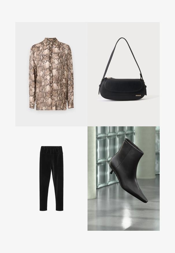 Langærmet skjorte med et printmønster af slanger i tan og mørkebrun farve, lavet af letvægtsstof med krave og knaplukning.; Sorte velour leggings med elastisk talje og en glat, skinnende tekstur. Slim fit med tapered ben-design.; Sort læderankelstøvle med spids tå og lille hæl vist mod en væg af glasblokke og poleret gulv baggrund.; Sort skuldertaske i læder med buet klap, guld "HUGO" logo på forsiden og enkelt justerbar strop.