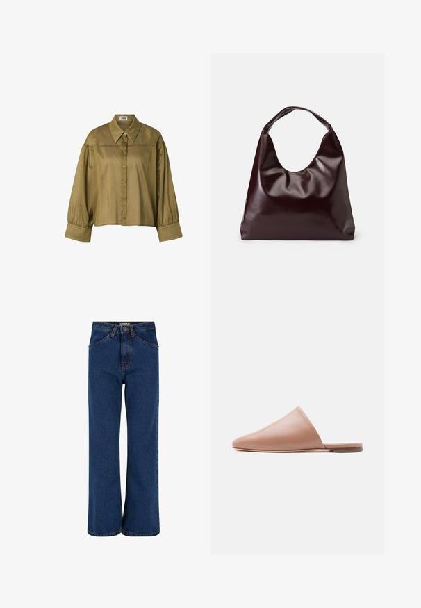 Olivgrünes langärmliges Hemd mit Knöpfen, breiten Manschetten, gerafften Ärmeln und spitzem Kragen.; Weite Jeans aus Denim in Dunkelblau, mit hoher Taille, Fronttaschen und kontrastierenden Nähten entlang der Nähte.; Beige Leder-Mule ohne Ferse mit spitzer Spitze und flacher Sohle, im Seitenprofil vor hellem, einfarbigem Hintergrund dargestellt.; Burgunderfarbene, glänzende tote Bag aus veganem Leder mit einer weichen, skulpturalen Form und einem breiten, geschwungenen Henkel für einfaches Tragen.