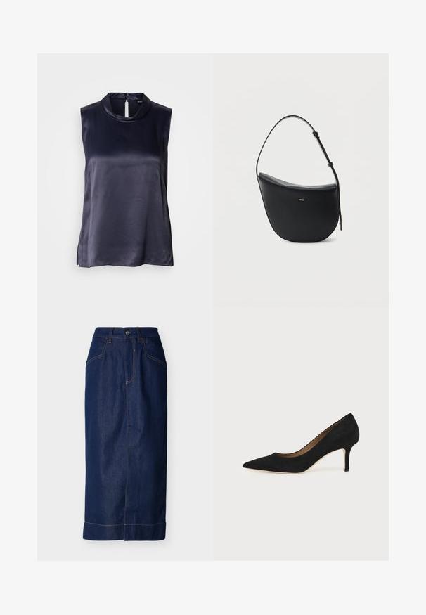 Haut sans manches en satin bleu marine foncé, doté d'un col montant et d'une fermeture en trou de serrure au dos. Texture lisse avec une coupe légèrement ample.; Jupe en jean bleu foncé à coupe droite, avec poches avant, coutures apparentes et un ourlet replié en bas.; Escarpin en daim noir à bout pointu avec un talon stiletto fin de hauteur moyenne et un design à coupe basse sur un fond uni.; Sac à bandoulière en cuir noir en forme de demi-lune avec une bandoulière réglable et le logo doré « BOSS » centré sur le devant.
