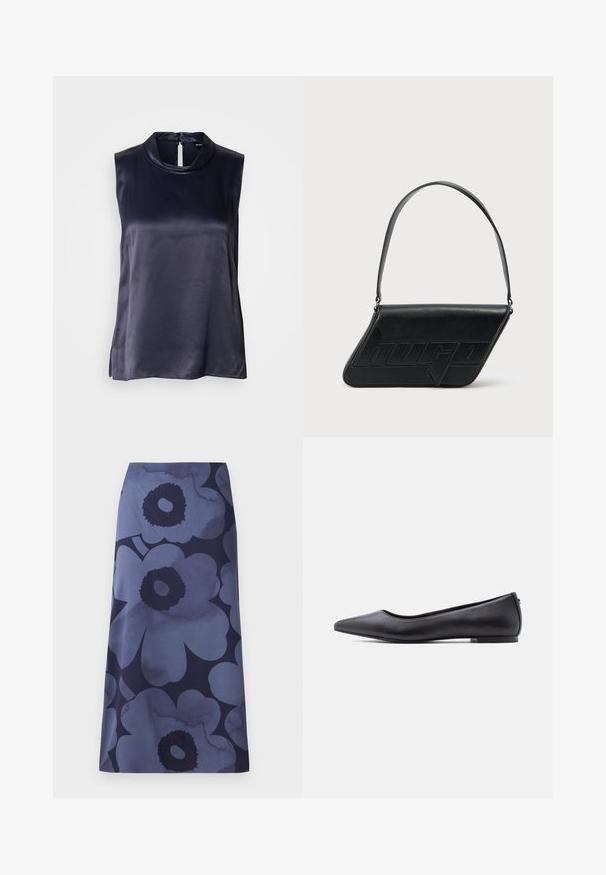 Top sin mangas de satén azul marino oscuro, con cuello alto y cierre en forma de ojal en la espalda. Textura suave con un ajuste ligeramente holgado.; Falda midi con estampado floral que presenta grandes flores azul oscuro sobre un fondo azul más claro; la tela parece suave con una textura ligeramente brillante.; Zapato plano de cuero negro con punta puntiaguda y tacón bajo, mostrado de perfil contra un fondo blanco.; Bolso de hombro de cuero negro con forma triangular, logo en relieve y una sola correa ajustable. Diseño minimalista con textura suave.