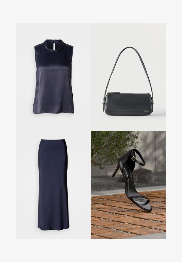 Ærmeløs top i mørk marineblå satin med høj krave og åbning med knaplukning på ryggen. Glat tekstur med en let afslappet pasform.; Mørkeblå satin maxi-nederdel med en glat tekstur, lige silhuet og et subtilt sidesnit. Har en taljeelastik og minimal detaljering.; Sort højhælet sandal med ankelsnor, der ser ud til at svæve over et trægulv udendørs med sløret grønt og sten i baggrunden.; Sort rektangulær skuldertaske i læder med guld lynlås og lille guld "HUGO"-logo på fronten, med justerbar strop med spænde.