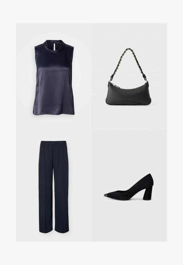 Haut sans manches en satin bleu marine foncé, doté d'un col montant et d'une fermeture en trou de serrure au dos. Texture lisse avec une coupe légèrement ample.; Pantalon droit bleu marine foncé avec taille élastique et détail subtil de pli avant, présenté sur un fond uni.; Pompe à talon haut en daim noir avec un bout pointu, ornée d'un bout en vernis noir et d'un talon épais et effilé.; Sac à bandoulière en cuir noir de forme rectangulaire incurvée, avec une chaîne dorée tissée dans la bandoulière noire tressée et une fermeture éclair sur le dessus.