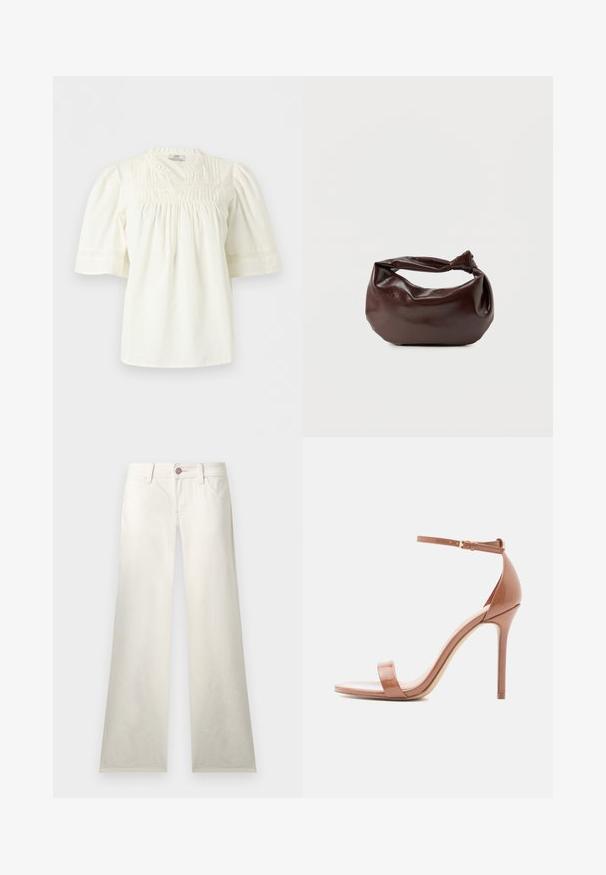 Blouse blanche à manches courtes avec encolure ronde, plis creux sur le devant et détails en dentelle, manches amples légèrement bouffantes.; Pantalon blanc à jambes droites avec poches avant, passants pour ceinture et fermeture à bouton avec détails de coutures roses.; Sandales à talons en cuir verni nude avec une fine bride à la cheville, design à bout ouvert et talon aiguille. Texture lisse et style minimaliste.; Sac bandoulière en cuir marron foncé avec une forme souple et décontractée et une anse nouée torsadée sur un fond blanc uni.
