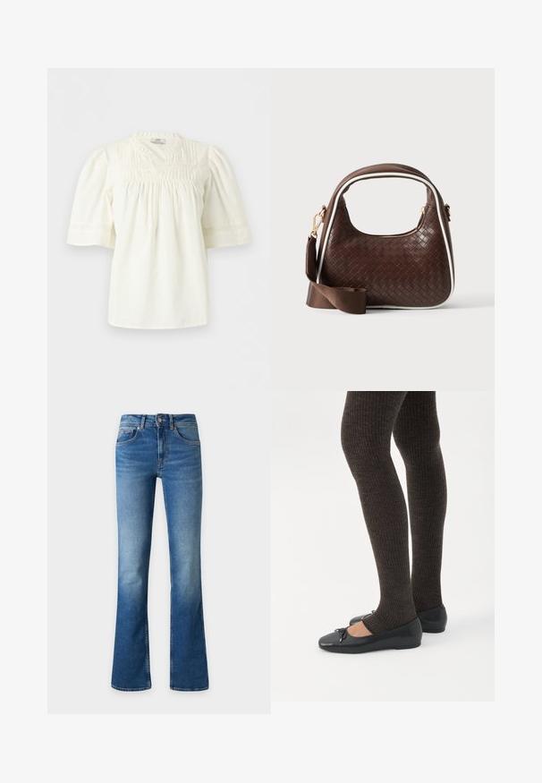 Blouse blanche à manches courtes avec encolure ronde, plis creux sur le devant et détails en dentelle, manches amples légèrement bouffantes.; Jean en denim bleu avec une légère évasement en bas, fermeture avant par boutons et fermeture éclair, et poches avant sur un fond uni.; Jambes portant des leggings côtelés foncés associés à des ballerines noires avec de petits détails en nœud sur fond blanc.; Sac à main en cuir tressé marron avec passepoil blanc, fermeture éclair dorée et bandoulière amovible en tissu marron.