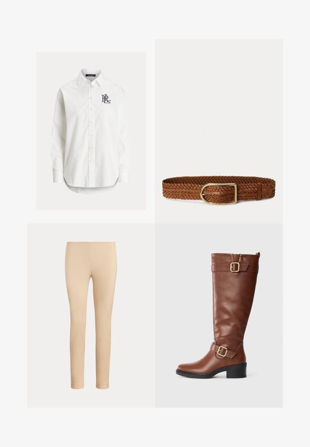 Wit overhemd met lange mouwen, knopen, een puntige kraag en een zwart geborduurd logo op de linkerborst.; Beige slim-fit enkellange broek met een gladde afwerking en zonder zichtbare zakken of versieringen op een effen achtergrond.; Bruine leren knielange laars met twee gouden gespen, lage zwarte blokhak en een treklipje aan de achterkant op een witte achtergrond.; Bruine gevlochten leren riem met een gouden rechthoekige gesp en een leren lus op een witte achtergrond.