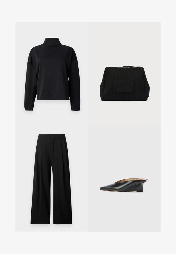 Top negro de manga larga con cuello alto simulado, corte relajado, textura suave y costuras de hombro caídas. Sin patrones o adornos visibles.; Pantalones negros de pierna ancha hechos de una tela suave. Presentan pliegues en la parte delantera y una cinturilla sencilla con trabillas para cinturón. Sin bolsillos visibles.; Zapato cuña de charol negro con punta puntiaguda y talón descubierto, con un diseño elegante y curvado de estilo minimalista.; Estuche rectangular texturizado negro con cierre de cremallera y un pequeño parche de tela con el logo centrado en el frente.