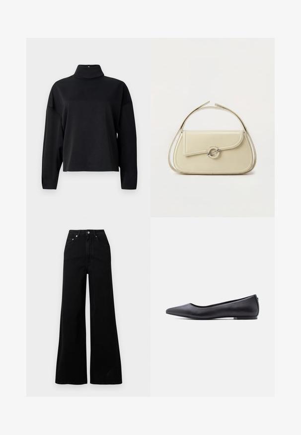 Sort langærmet top med høj mock neck, afslappet pasform, blød tekstur og sænkede skuldersømme. Ingen synlige mønstre eller udsmykninger.; Sorte jeans med vide ben lavet af denim, med høj talje, fem lommer, knaplukning foran og minimal syning.; Sort flad lædersko med spidst tåparti og lav hæl, vist i sideprofil mod en hvid baggrund.; Cremefarvet læderhåndtaske med buet klap, cirkulært sølvspænde og kort topstrop på en ens hvid baggrund.