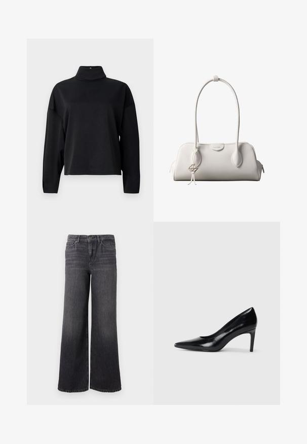 Sort langærmet top med høj mock neck, afslappet pasform, blød tekstur og sænkede skuldersømme. Ingen synlige mønstre eller udsmykninger.; Bredde ben mørkegrå denimjeans med en subtil falmning, der har knaplukning, fem lommer og en lige kant ved anklen.; Sort læder højhælede sko med spids tå, glat tekstur og en taperet hæl. Minimalistisk design uden yderligere udsmykninger.; Hvid Calvin Klein skuldertaske med lange håndtag, rektangulær form, lynlåslukning og dekorativt logohæng tæt på håndtaget.