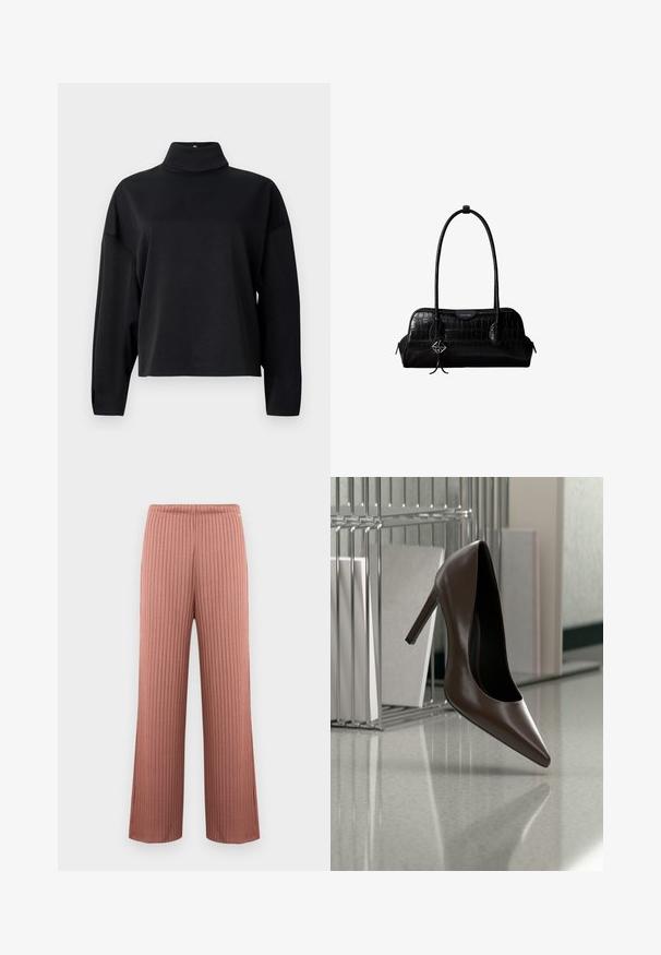 Haut noir à manches longues avec un col montant, coupe décontractée, texture douce et coutures d'épaules tombantes. Aucuns motifs ni embellissements visibles.; Pantalon en maille côtelée à jambes larges couleur rose poudré avec une taille élastique et de fines rayures verticales, présenté sur un fond uni.; Chaussure en cuir marron foncé à talon haut flottant au-dessus d'un sol réfléchissant près d'une étagère métallique avec des panneaux blancs dans une pièce.; Sac à épaule en cuir noir à texture crocodile, avec de longues sangles et un petit charm logo argenté sur une sangle.