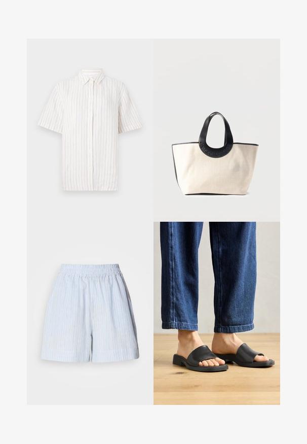 Kortærmet skjorte med knapper i lys beige med fine lodrette striber. Fremstillet af letvægtsstoffer med klassisk krave og lige kant.; Lyseblå shorts med lodrette hvide og mørkeblå striber. Har en elastisk talje og en afslappet pasform. Lavet af et blødt materiale.; Sorte slip-on sandaler lavet af glat materiale, med åben tå og en bred toprem, sat mod mørk denim bukser med lige pasform.; Beige lærreds-totebag med sort læderkant og runde håndtag præget med "SAMSOE SAMSOE" logoet.