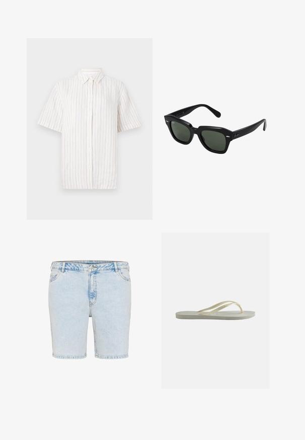 Korte mouwen overhemd met knopen in lichtbeige met dunne verticale strepen. Gemaakt van lichte stof met een klassieke kraag en rechte zoom.; Lichtblauwe denim shorts met een rechte snit, vijf zakken en zichtbare stiksels. Voorzien van een knoop- en ritssluiting.; Enkele ecru rubberen teenslipper met dunne bandjes en een gestructureerd voetbed, zijaanzicht op een effen achtergrond.; Zwarte vierkante zonnebril met donker groene lenzen, uitgerust met gedurfde monturen en zilveren accenten aan de zijkanten. Gemaakt in Italië.