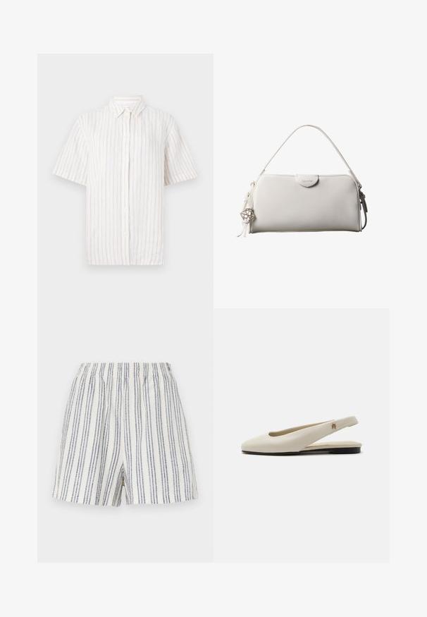 Chemise à manches courtes, boutonnée, de couleur beige clair avec de fines rayures verticales. Fabriquée en tissu léger, avec un col classique et un ourlet droit.; Shorts rayés en tissu léger, présentant des rayures verticales bleues et blanches, une taille élastique et une coupe décontractée.; Chaussure plate slingback en cuir couleur crème avec un bout arrondi et un petit emblème doré sur la bride.; Sac à main rectangulaire blanc Calvin Klein avec une seule poignée, design minimaliste et pampilles décoratives avec un charm métallique géométrique sur le côté.