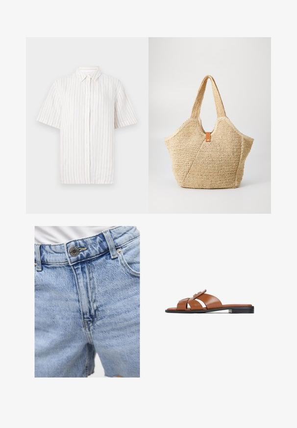 Kortærmet skjorte med knapper i lys beige med fine lodrette striber. Fremstillet af letvægtsstoffer med klassisk krave og lige kant.; Lyseblå denim shorts med høj talje, synlig syning, to forlommer og metalknaplukning. Glat tekstur.; Brun læder slide-sandal med åben tå, brede krydsende remme, lille hæl og sort sål på hvid baggrund.; Stor stråtask med en tekstureret, beige yderside og to brede håndtag. Har et læderbånd som lukning.