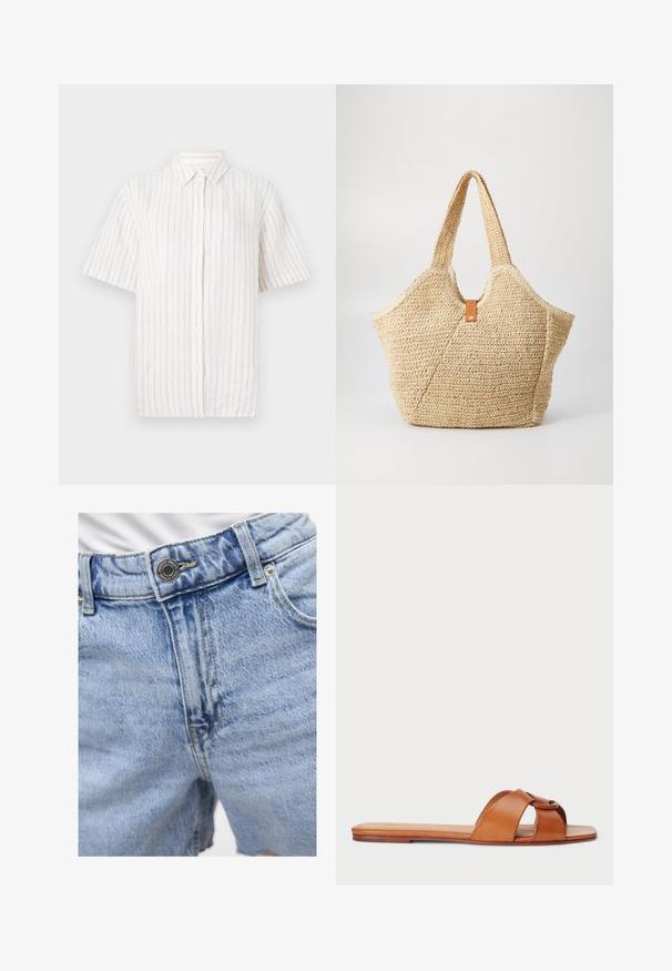 Camisa de botones de manga corta en color beige claro con finas rayas verticales. Confeccionada en tela ligera, cuenta con un cuello clásico y un dobladillo recto.; Pantalones cortos de denim azul claro con cintura alta, costuras visibles, dos bolsillos delanteros y cierre de botón de metal. Textura suave.; Sandalia deslizante de cuero marrón con dos tiras cruzadas y suela plana. Textura suave con costuras mínimas y bordes redondeados.; Gran bolsa de paja con un exterior texturizado en color beige y dos asas anchas. Presenta una correa de acento de cuero para el cierre.