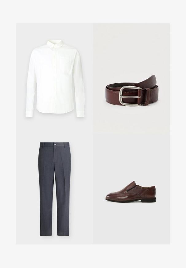 Chemise blanche à manches longues avec boutons, en coton, dotée d'un col pointu et d'une poche unique sur le côté gauche de la poitrine. Texture lisse.; Pantalon habillé sur mesure gris foncé avec fermeture par bouton et zip, passants de ceinture et coupe droite sur fond blanc.; Chaussure marron en cuir à enfiler, avec un bout arrondi, des accents élastiques sur les côtés et une semelle en caoutchouc basse. Présente des détails de couture discrets le long du bord.; Ceinture en cuir marron avec une finition texturée, dotée d'une boucle en métal argenté et d'une seule boucle de réglage. Motif tissé près de la boucle.