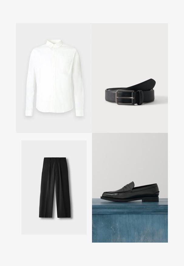 Hvid skjorte med lange ærmer og knapper, lavet af bomuld, med spids krave og en enkelt lomme på venstre bryst. Glat tekstur.; Sorte højtaljede bukser med vide ben, forplissering foran, sidelommer, bæltestropper og knaplukning på en lysegrå baggrund.; Sorte læderloafers med et slankt design, der har syning ved tåen og en glat finish. Skoen har en lav hæl og minimal udsmykning.; Sort læderbælte rullet med rektangulært sølvfarvet metalspænde på en ensartet lys baggrund.