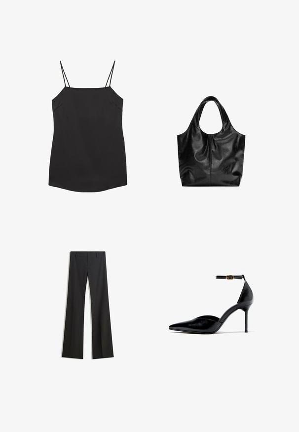 Débardeur noir sans manches avec fines bretelles doubles et encolure droite sur fond blanc.; Pantalon noir évasé avec une texture lisse, doté d'une coupe ajustée et d'une taille cintrée. Aucun motif ou ornement visible.; Chaussure à talon haut en cuir noir à bout pointu avec bride à la cheville et boucle dorée, talon stiletto fin, vue de profil sur fond blanc.; Sac fourre-tout en cuir noir avec une texture lisse, un haut arrondi doux et de larges poignées. Présente une couture minimale et une silhouette décontractée.