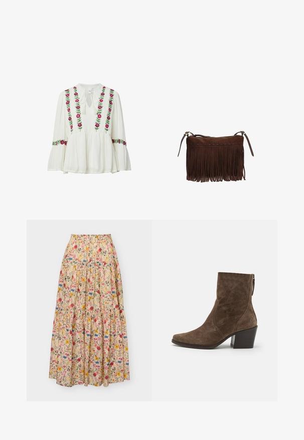 Weiße Bluse mit langen Ärmeln und rosa-lila Blumenstickerei vorne und an den Ärmeln, mit einem Ausschnitt in Schlüssellochform mit Bindeband und ausgestellten Manschetten.; Langer beiger Rock mit elastischem Bund, verziert mit einem mehrfarbigen Blumenmuster in Rot, Gelb, Blau und Rosa.; Braune Wildleder-Stiefeletten mit spitzer Zehe, seitlichem Reißverschluss und klobigem Absatz. Sie verfügen über eine glatte Textur und minimale Nähdetails.; Braune Wildleder-Umhängetasche mit langen Fransenquasten und verstellbaren Riemen, Reißverschluss entlang der oberen Kante.