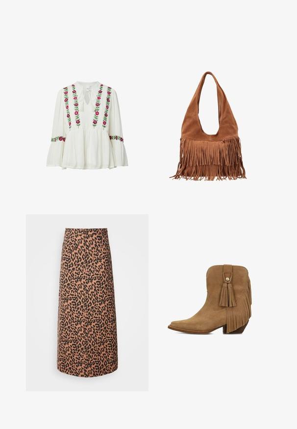 Witte blouse met lange mouwen met roze en paarse bloemenborduursel aan de voorkant en op de mouwen, met een keyhole-halslijn met strik en uitlopende manchetten.; Beige en zwarte midi-rok met luipaardprint, met een rechte snit, twee achterzakken en een soepele textuur.; Bruine suède enkellaars met puntige neus, blokhak, zijkant met franjes en decoratieve kwastjes met metalen knoopdetail.; Bruine suède schoudertas met lange franjes langs de onderkant en een brede, zachte handgreep.