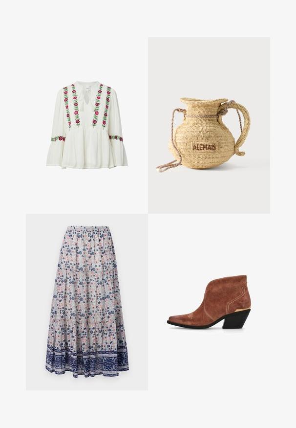 Blusa blanca de manga larga con bordado floral rosa y púrpura en la parte delantera y las mangas, con escote en forma de ojo de cerradura con lazo y puños acampanados.; Falda maxi floral con fondo gris, que presenta flores rosas y azules, diseño en capas y un dobladillo con patrón en azul marino. Cintura elástica.; Botín marrón de ante con puntera puntiaguda, costuras decorativas, tacón de bloque negro inclinado y detalle dorado en el contrafuerte del talón.; Bolso redondo de paja tejido con asa de cuerda y "ALEMAIS" bordado en un lateral con hilo marrón.