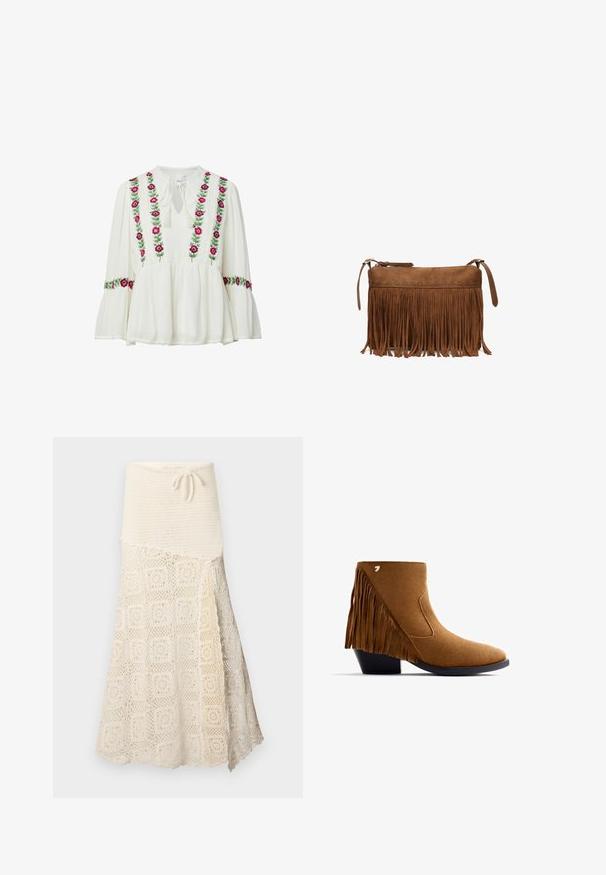 Blusa blanca de manga larga con bordado floral rosa y púrpura en la parte delantera y las mangas, con escote en forma de ojo de cerradura con lazo y puños acampanados.; Falda de ganchillo con una parte superior texturizada en crema y una sección inferior con un intrincado patrón cuadrado. Cinta ajustable en la cintura.; Botín de ante marrón hasta el tobillo con tacón cuadrado, que presenta flecos laterales, un panel elástico en el costado y un acento decorativo con logo.; Bolso cruzado marrón de ante con detalle de flecos largos y cierre de cremallera sobre fondo blanco.