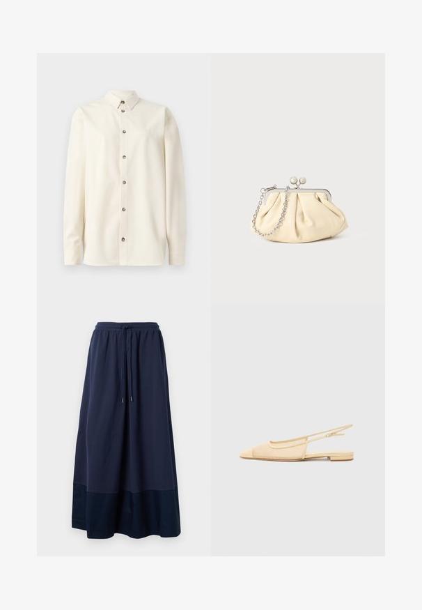 Soulland DAMON SHIRT - Skjortebluser - white; Navynavy maxi nederdel lavet af blødt stof, med en elastisk talje og snorelås samt et mørkere blåt panel ved kanten.; Slingback fladsko i lys beige med en mesh-overdel, spids tå og en lav hæl. Har en justerbar strop for bedre pasform.; Plisseret beige læderclutch med en sølvmetalramme, der har to runde dekorative låse og en sølvkædetrasporte.