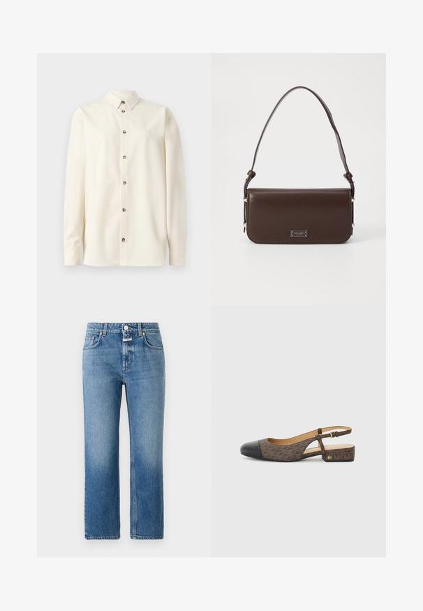 Soulland DAMON SHIRT - Overhemdblouse - white; CLOSED MILO - Straight leg jeans - mid blue; Slingback schoen met een bruine gestreepte stoffen bovenkant en een zwarte leren neus. Heeft een kleine blokhak en een gespstrap.; Bruine leren handtas met een platte vormgeving, verstelbare schouderband en hardware in zilverkleur. Voorzien van een logo plaat aan de voorkant.