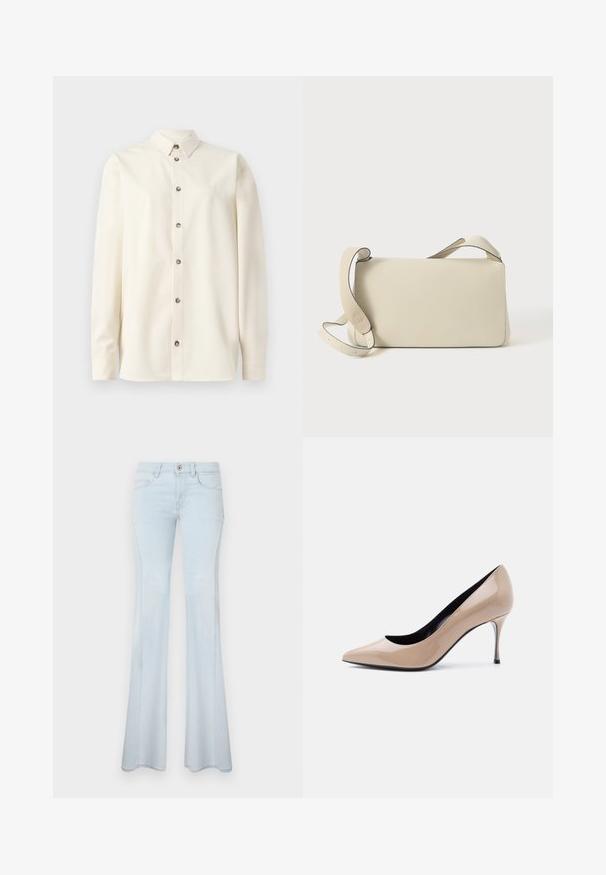 Soulland DAMON SHIRT - Skjortebluser - white; Lyseblå flagrende jeans lavet af denim. Funktioner inkluderer en knaplukning, fem lommer og diskret syning. Glat tekstur og brede ben.; Beige laklæder peep-toe højhælet sko med smal stilet-hæl og sort inderfor på hvid baggrund.; Cremefarvet læder skuldertaske med justerbar rem og klaplukning, sat mod en ensfarvet hvid baggrund.