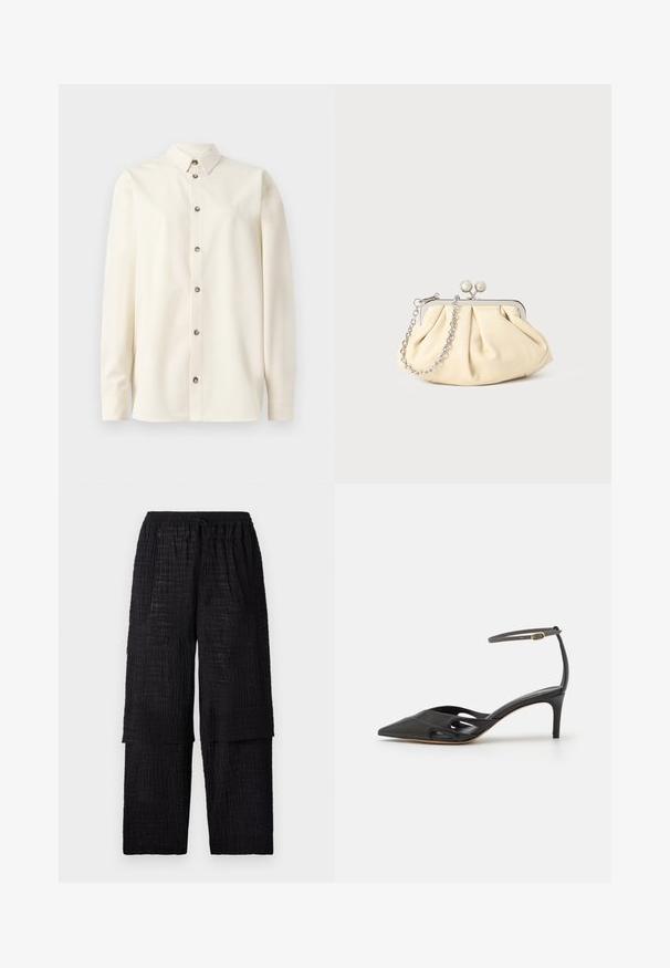 Soulland DAMON SHIRT - Blúzka so zapínaním na gombíky - white; Henrik Vibskov SHANTS PANTS - Nohavice - black; Čierna kožená topánka na vysokom opätku s špicatou špičkou, otvorenými stranami a tenkým remienkom okolo členka so zlatým kovovým detailom.; Zhlý béžový kožený klobúk so strieborným kovovým rámom, ktorý má dve okrúhle dekoratívne zámky a strieborný reťazový popruh.