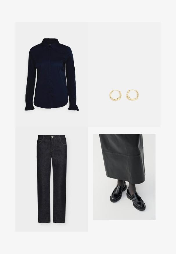 Mos Mosh MMMATTIE FLIP SHIRT - Nööpidega pluus - night blue; Sirge säärega mustad teksad esitaskute, vööaasade ja nööp-kinnitusega ühtlasel taustal.; Mustad nahast loafertossud sileda pinnaga, dekoratiivse rihma, ümarate varvaste ja tekstuuriga tallaga. Kanda pikkade mustade nahkseelikutega.; Kuldsed rõngakujulised kõrvarõngad, millel on tekstuuriga ebaühtlane pind. Omavad kergesti kantavat disaini ja ringikujulist vormi, sobivad igapäevaseks kandmiseks.