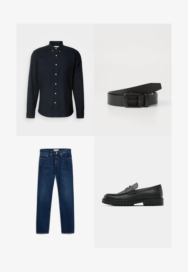 Zwarte lange mouw knopsluiting overhemd van katoen, met een spitse kraag, witte knopen en een rechte zoom met knoopmanchetten.; Donkerblauwe denim jeans met een rechte snit, vijf zakken en contrasterende stiksels. Voorzien van een knoopsluiting en rits.; Zwarte leren instappers met een ronde neus, voorzien van een gestikt ontwerp, een lage platformzool en een gestructureerde, grof rubberen buitenzool.; Zwarte leren riem met een matte zwarte metalen gesp, met een gladde textuur en eenvoudig ontwerp. Verstelbare lengte met een taps toelopend uiteinde.