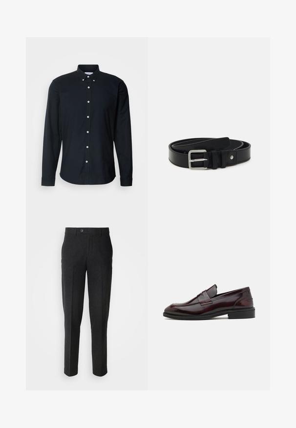 Camisa de botón de manga larga negra de algodón, con cuello puntiagudo, botones blancos y un dobladillo recto con puños abotonados.; Lindbergh Pantalones - black melange; Mocasines de cuero burdeos con un acabado suave, acento frontal rectangular y punta redondeada, con una suela de goma negra.; Cinturón de cuero negro con una textura suave, que presenta una hebilla de metal plateado y un único pasador. Diseño simple con sutiles detalles de costura.
