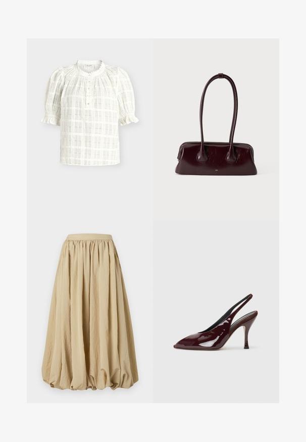Witte blouse met korte mouwen en een gestructureerd geruit patroon, ronde kraag met geschulpte rand, knopenbies en geplooide pofmouwen met ruches bij de manchetten.; Beige midi-rok met een geplooid taillegedeelte, vloeiende stof en volumineuze vorm, met een gestructureerd oppervlak en subtiele kreukdetails.; NEOUS HAMAL - Hoge hakken - dark chocolate; Donkerbruine glanzende leren handtas met lange, dunne handvatten en een gestructureerde rechthoekige bodem op een effen lichte achtergrond.