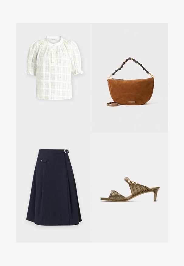 Blouse blanche manches courtes avec motif à carreaux texturé, col rond à bord festonné, patte de boutonnage et manches bouffantes froncées avec poignets volantés.; Jupe évasée bleu marine avec fermeture à boutons sur le côté, dotée d'une poche avant et d'un tissu lisse et léger avec un léger éclat.; Sandales à glissière texturées dorées avec un design plissé, bout ouvert et talon bas. Finition lisse avec un léger éclat.; Sac à main demi-lune en daim marron avec une bandoulière foncée nouée et des ferrures dorées, présentant une petite plaque logo rectangulaire à l'avant.