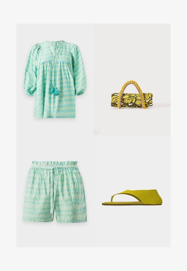 Blouse légère, à rayures turquoise et vertes, avec des manches bouffantes, une taille froncée, un décolleté en forme de clé, et deux pompons turquoise à l'avant.; Shorts légers avec une taille élastiquée froncée, ornés de rayures verticales alternées vertes et blanches, et munis d'une ceinture à nouer.; Sandale plate en daim jaune-vert avec une large bride et une boucle pour l'orteil, vue de profil sur fond blanc.; Sac rectangulaire avec motif floral jaune et noir et anse tressée jaune et rose sur fond blanc.