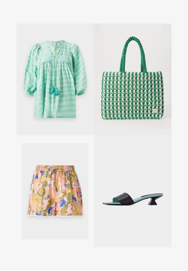 Blouse légère, à rayures turquoise et vertes, avec des manches bouffantes, une taille froncée, un décolleté en forme de clé, et deux pompons turquoise à l'avant.; Shorts à taille élastique avec cordon, motif floral multicolore en rose, jaune, bleu et vert, et petit galon pompon blanc à l'ourlet.; Mule noire à bout ouvert avec une large bride, semelle intérieure turquoise et un talon bloc court à forme unique sur fond blanc.; Sac fourre-tout tissé vert et blanc avec une forme rectangulaire structurée, une finition texturée et deux poignées solides. Présente une étiquette de logo sur le côté.