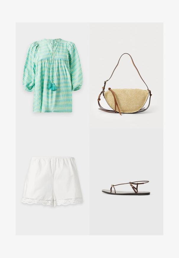 Letthåndterlig bluse i teal og grønt med striber, puffede ærmer, samlet talje, nøglehul-udskæring og to turkise kvaster foran.; Hvide elastiske shorts med blomsterblondekant forneden på en ensartet lys baggrund.; Brun lædersandal med tynde remme, en gylden cirkulær detalje og en flad sål. Minimalistisk design med en justerbar spændedetalje.; Vævet stråtask med en halvmåneform, der har en brun læderrem og accenter. Textureret, naturlig farve med glatte kanter.