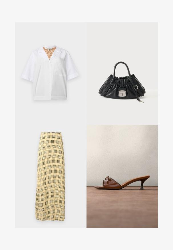 Hvid kortærmet skjorte med krave og tekstureret brystlomme, vist på en ensfarvet lys baggrund.; Rabanne Maxinederdele - green/yellow/cream; Brun læder sandal med hæl, der har et krydsdesign og dekorativ sløjfedetalje. Glat tekstur med en kontrasterende sort kant, forhøjet hæl.; Sort læder Marc Jacobs håndtaske med opsamlet top, to håndtag, lynlåslommer på siderne og sølv frontspænde med indgraveret logo.