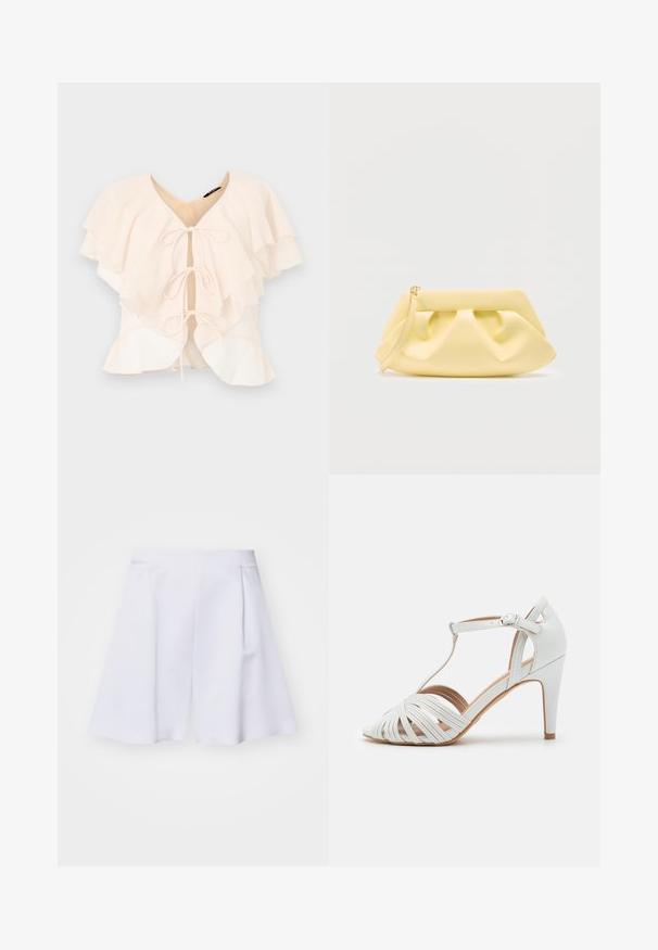 Blusa de color rosa claro con volantes en capas, escote en V y tres lazos en la parte frontal. Tejido suave y diseño fluido.; Pantalones cortos blancos ligeramente ajustados con una cintura alta, plisados y una textura suave, que ofrecen una silueta estructurada y moderna.; Sandal de tacón alto blanco con tiras entrecruzadas, diseño en T, textura suave y puntera afilada. Presenta un tacón delgado y cierre con hebilla.; Bolso de mano de cuero amarillo suave con detalles fruncidos y una correa delgada para la muñeca sobre un fondo claro liso.