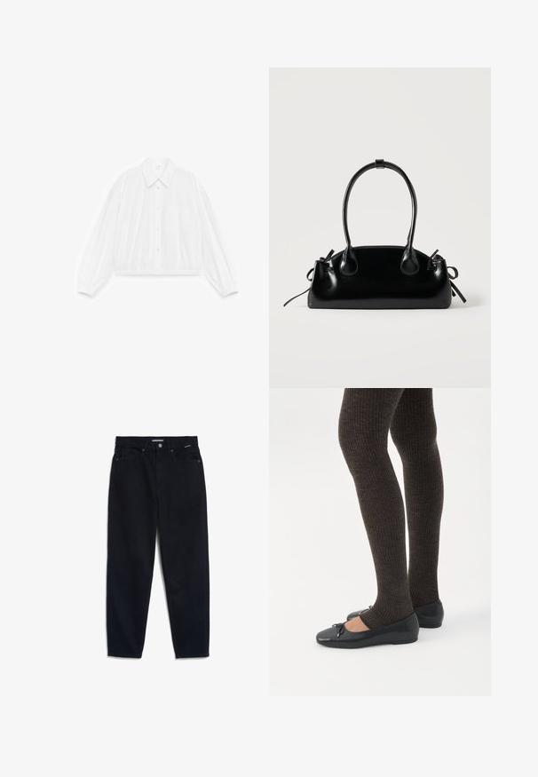 Weißes, langärmliges Hemd mit Knopfleiste, spitzem Kragen, aufgesetzter Brusttasche, elastischem Saum und elastischen Manschetten, flach auf einem weißen Hintergrund ausgelegt.; Schwarze Denim-Jeans mit geradem Bein, fünf Taschen-Design und Knopfverschluss. Der Stoff hat eine glatte Textur und minimale sichtbare Nähte.; Beine in dunklen, gerippten Leggings kombiniert mit schwarzen Ballerinas mit kleinen Schleifendetails auf weißem Hintergrund.; Kleine schwarze glänzende Handtasche mit zwei langen Griffen und seitlichen Kordelzug-Details vor einfachem hellem Hintergrund.