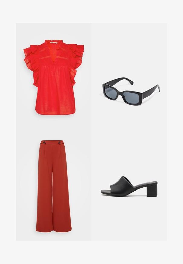 Blouse rouge à manches courtes avec des accents en volants, décolleté en V profond, taille froncée, et en tissu léger. Présente des détails en dentelle délicats.; Pantalon large taille haute couleur rouille avec deux boutons foncés à la taille sur fond blanc.; Mules à talons carrés en cuir noir avec un bout ouvert, présentant une surface lisse et un upper légèrement courbé pour le confort et le style.; Lunettes de soleil rectangulaires noires avec des verres teintés foncés, monture en plastique épaisse et branches larges. Surface lisse et design angulaire.