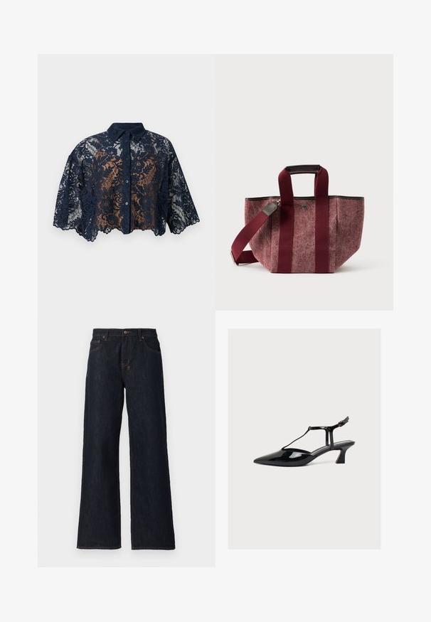 Blouse courte en dentelle bleu marine avec motif floral, boutonnage à l'avant, col et manches larges à bords festonnés.; Jeans larges bleu foncé en denim, avec des coutures orange, deux poches avant et une fermeture à bouton à la taille.; Chaussure à talon bas en cuir verni noir, bout pointu, bride en T et fermeture à boucle sur fond clair neutre.; Sac fourre-tout bordeaux en tissu texturé, doté de larges sangles d'épaule, d'une base robuste et d'une bordure contrastante noire le long du haut.